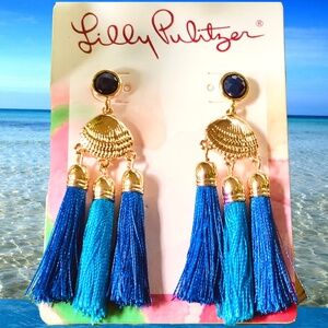 LILLY PULITZER EARRINGS NWT SEASIDE TASSEL ⭐️Capri Blue/Gold SHELLS-PIERCED-POST